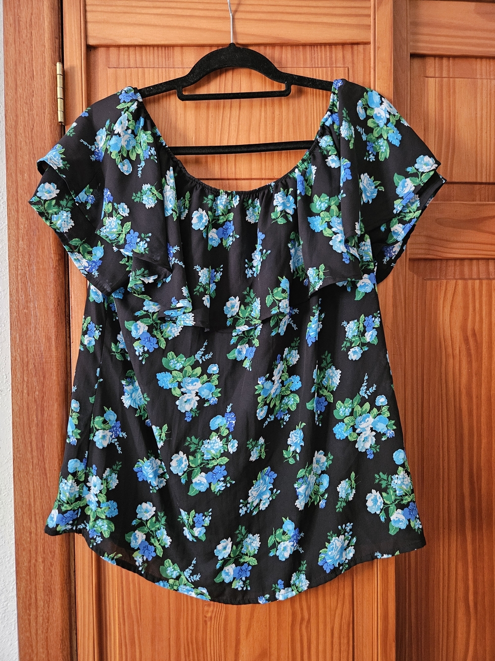 Off-Shoulder Floral Blouse in Black with Blue & Green Print